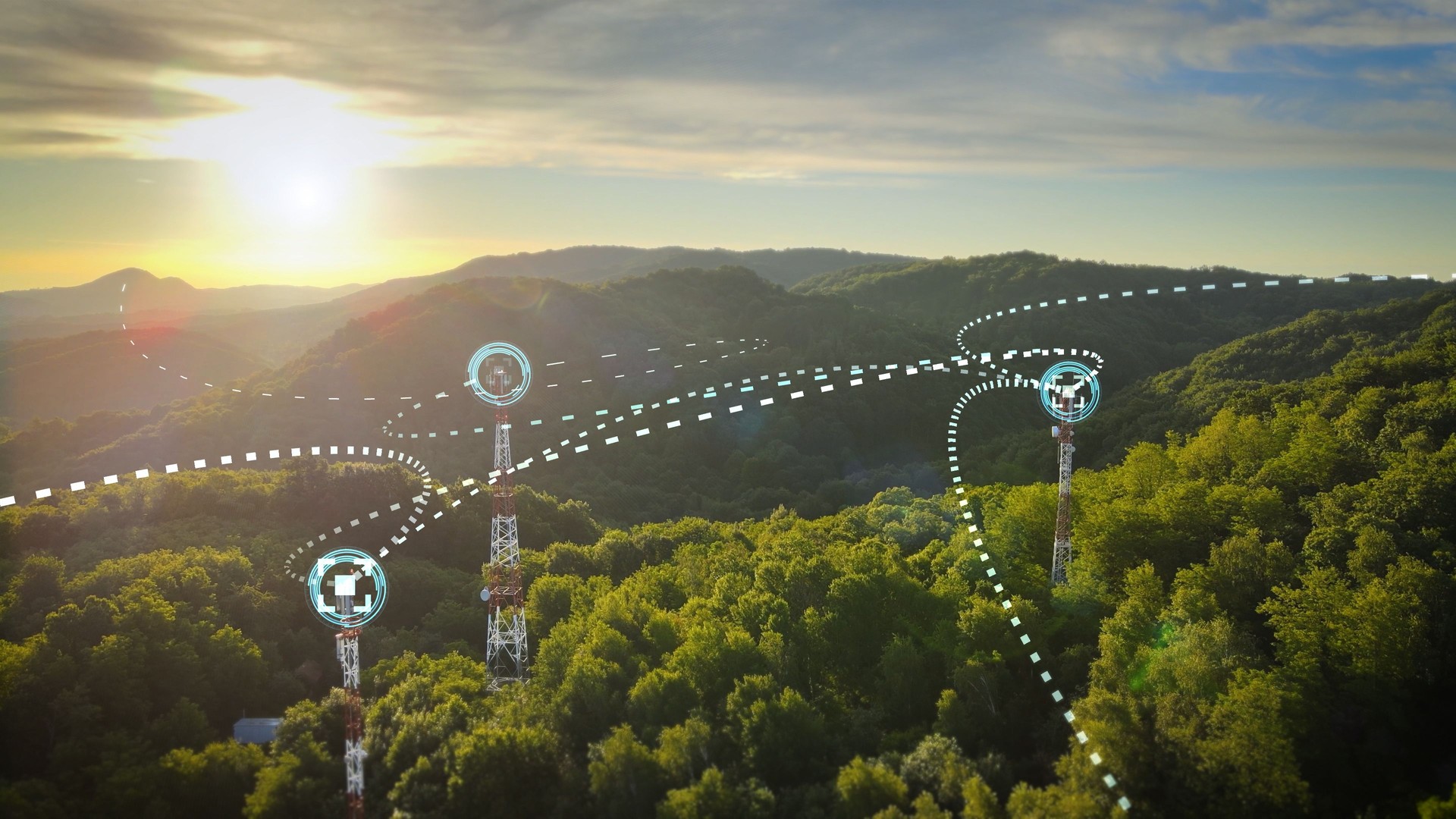 Three telecommunication towers connected by 3D graphic lines
